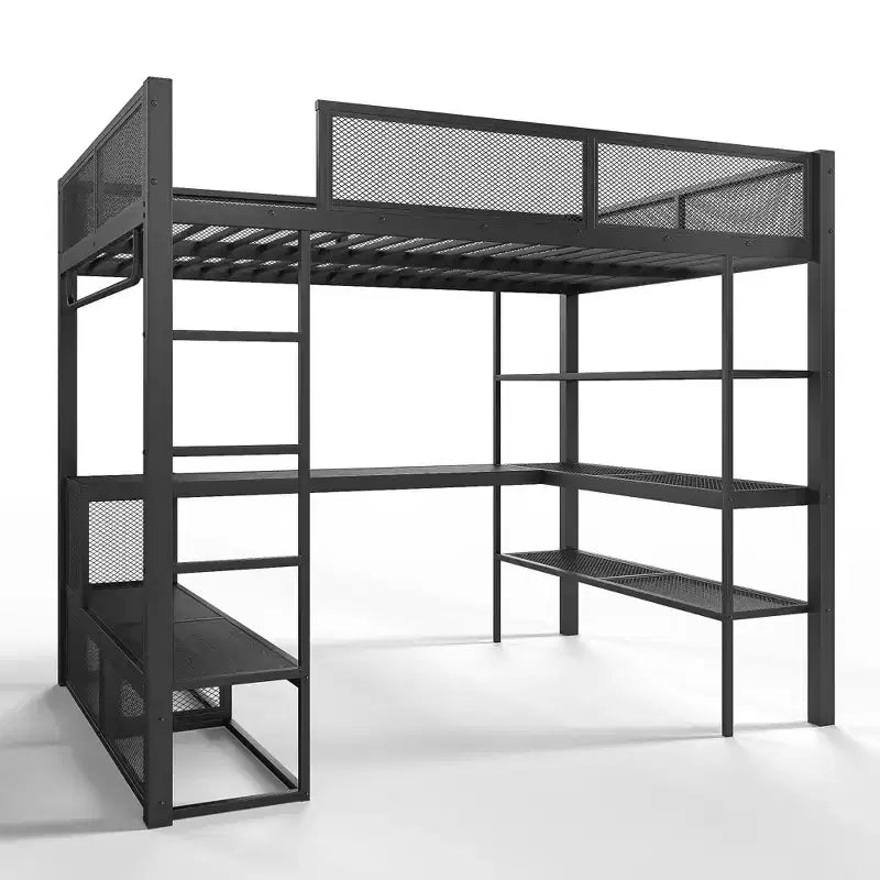 Bellemave Queen Metal Loft Bed with Desk, Storage Shelves & Hanging Rod, Space-Saving Loft Bed Frame with Guardrails & Ladder, No Box Spring, Black