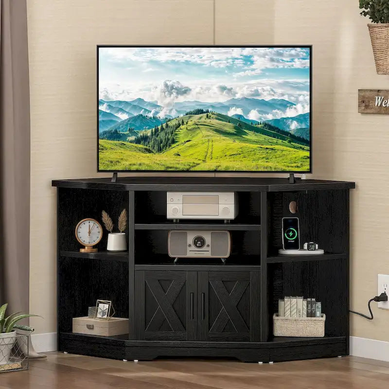 Farmhouse Corner TV Stand Entertainment Center Media Console for TVs up to 55 with Power Outlet