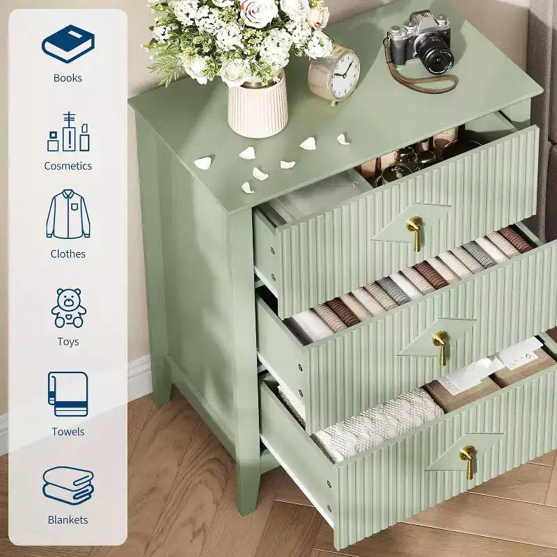 2Pcs Fluted Wood Nightstands, 27.5 Wide 3-Drawer Dresser Set, Modern Bedside Tables, Chest of Drawers for Bedroom, Living Room