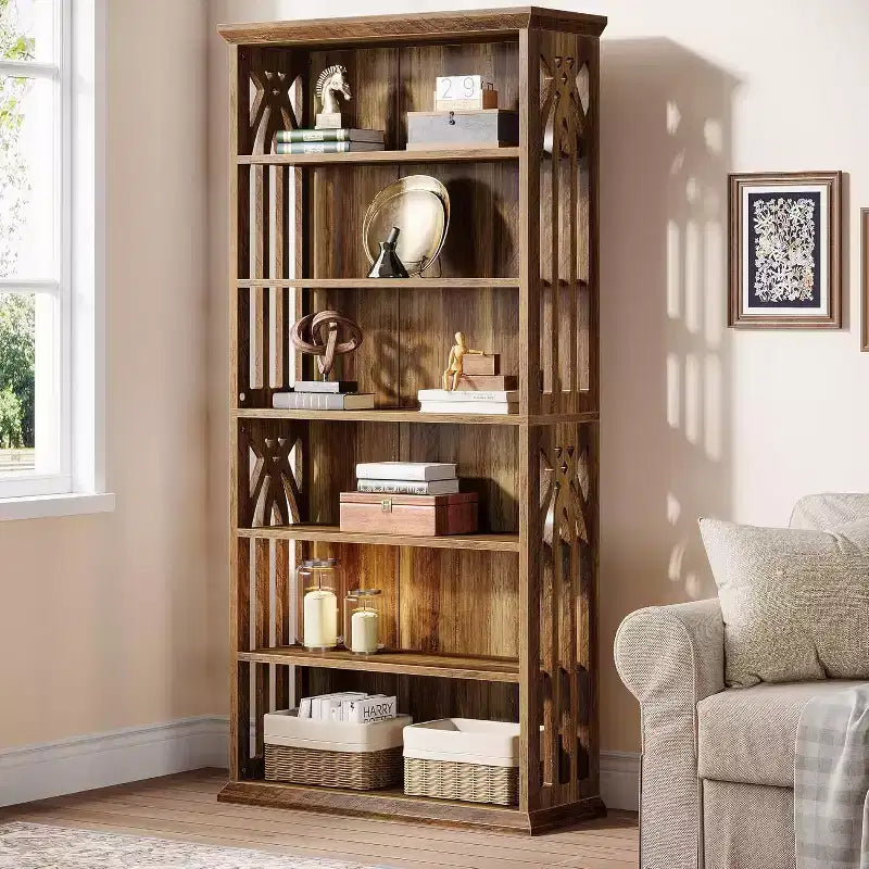 6-Tier Wood Bookshelf, 75-Inch Tall Bookcase, Large Freestanding Display Shelves