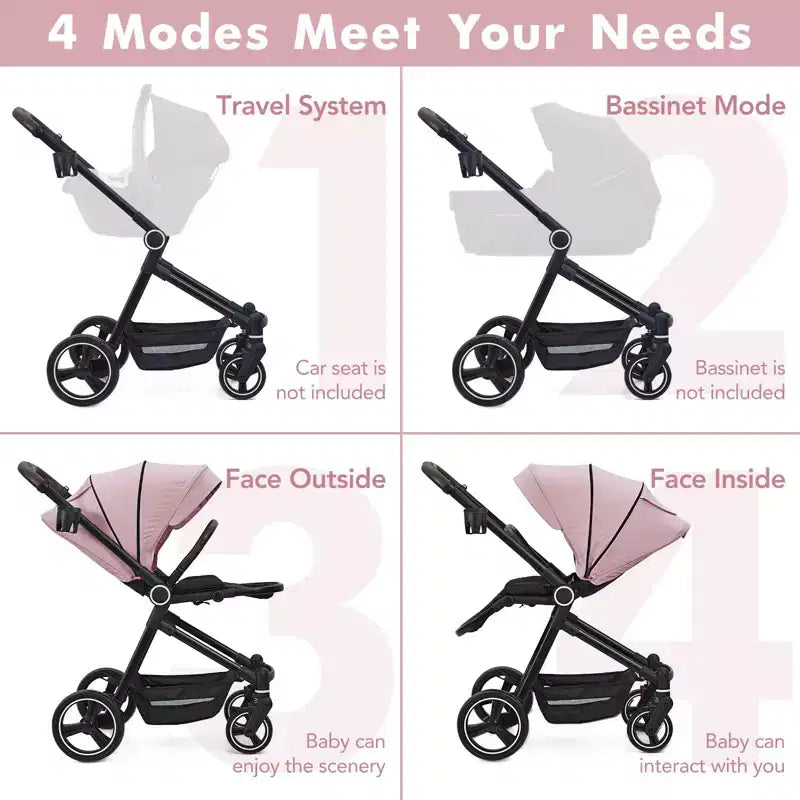Baby Stroller, Foldable Stroller - High Landscape Pushchair for Newborn & Toddler, Convertible Pram with Reversible Backrest