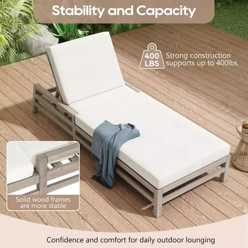 Merax 5-Position Acacia Outdoor Chaise Lounge with Thick Cushions