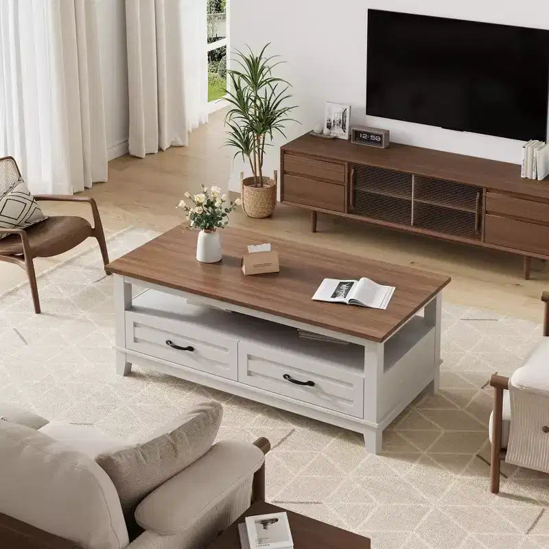 Farmhouse Coffee Table with Drawers, 47.2 Center Table Rustic Coffee Tables Brown Living Room Table, with Open Shelf and 6 Support Legs