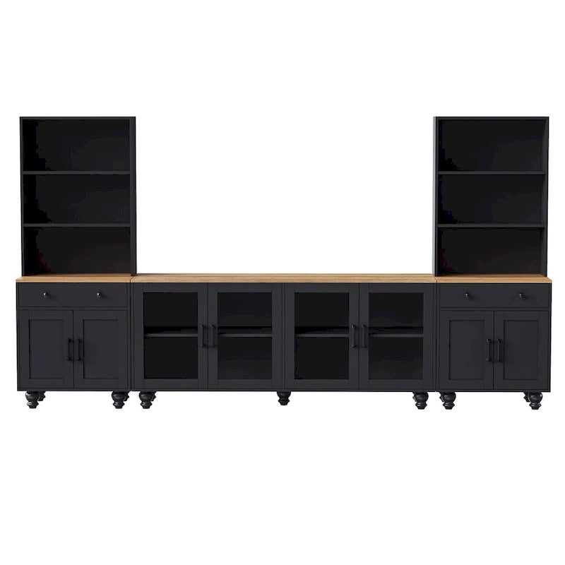 Black + Dark Walnut Farmhouse TV Entertainment Center with Bookshelves & Tempered Glass Doors for TVs Up to 70
