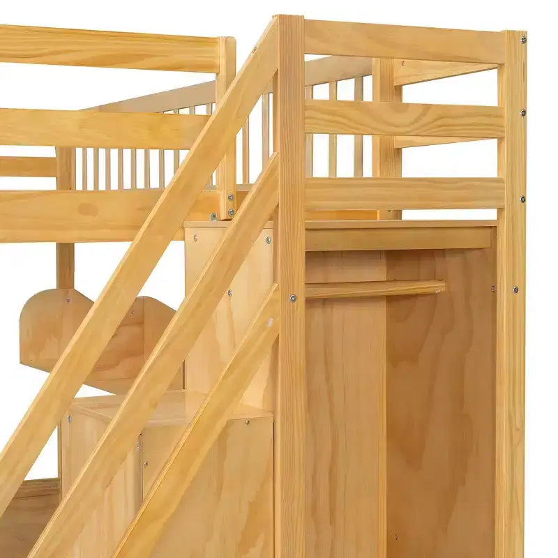 Queen Loft Bed Frame with Staircase, Wardrobe & Storage Shelves - MDF, 650 lb