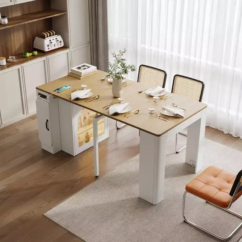 Whisen Extendable Dining Table, Mobile Rolling Island Table with 3 Removable Middle Leaves, Storage Cabinet