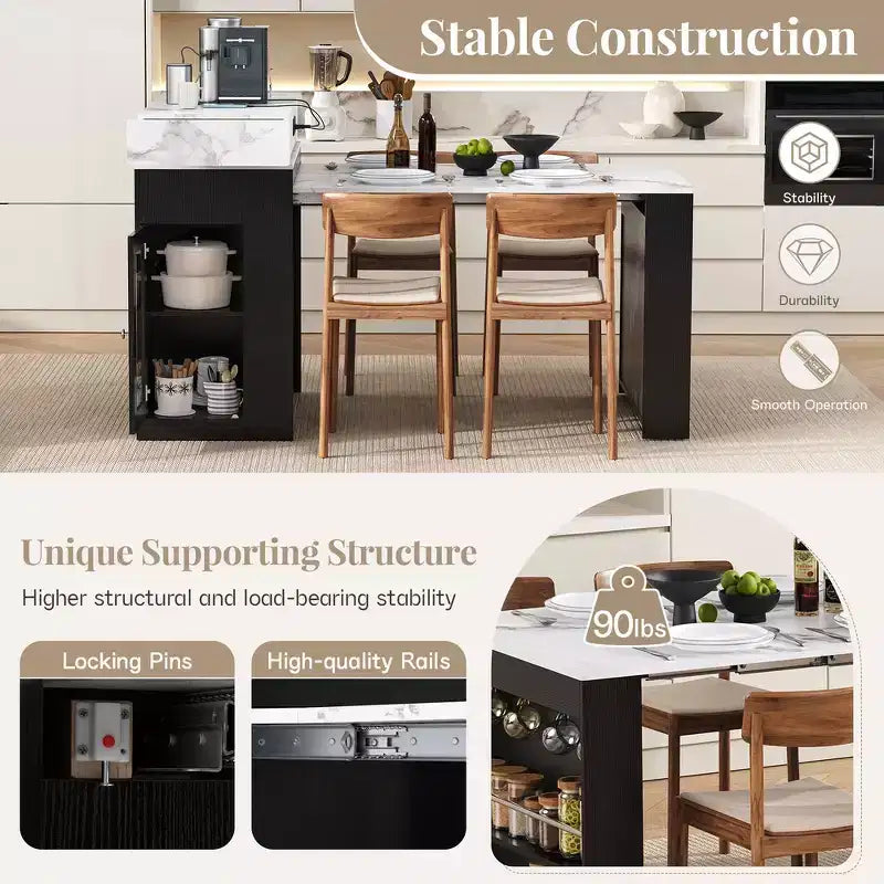 Whisen Extendable Dining Table, Mobile Rolling Island Table with 3 Removable Middle Leaves, Storage Cabinet