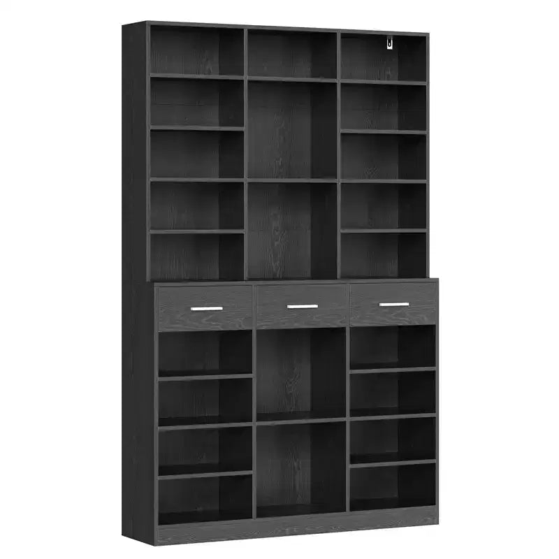 Black/White 9-Tier Bookcase with 3 Drawers, Adjustable Shelves