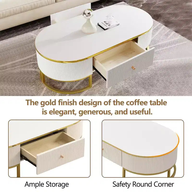 47W Modern Coffee Table Cocktail Table Center Table Accent Table with Drawers, Curved Profile Design, Gold Metal Leg, Oval, White+Gold-ModernLuxe