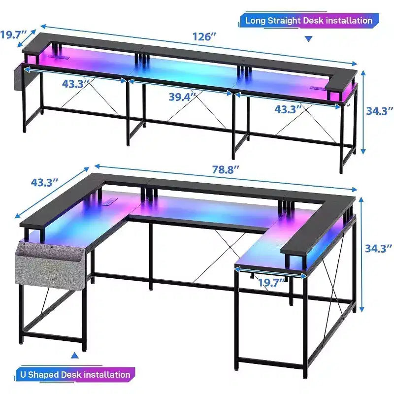 COZONY 78 U/L Shaped Gaming Desk, Reversible Computer Desk with Power Outlets, LED Lights, Monitor Stand & Storage Shelf, Corner Desk for Home Office