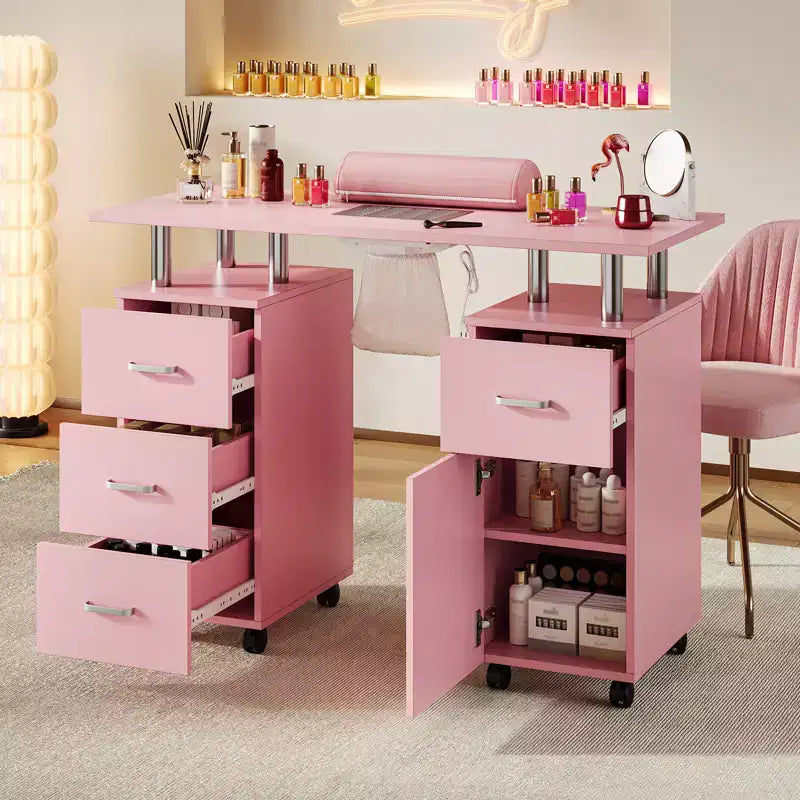 Table de manucure avec collecteur de poussière, roulettes verrouillables, repose-poignet et rangement pour la maison, les prothésistes ongulaires et les salons de beauté