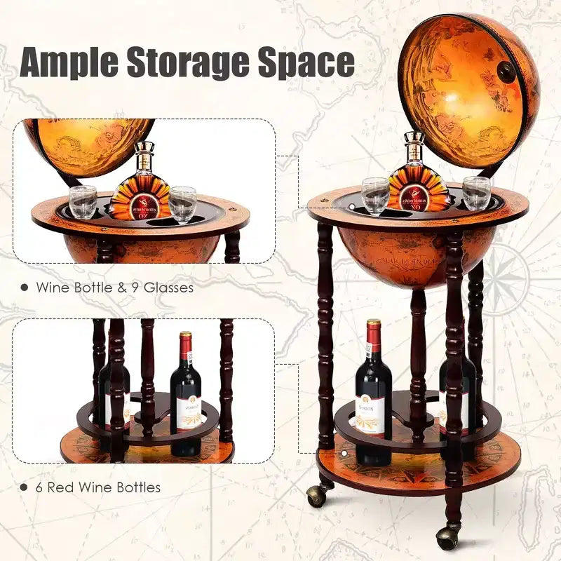 Costway 17.5 Wood Globe Wine Bar Stand 16th Century Italian Rack Liquor Bottle Shelf