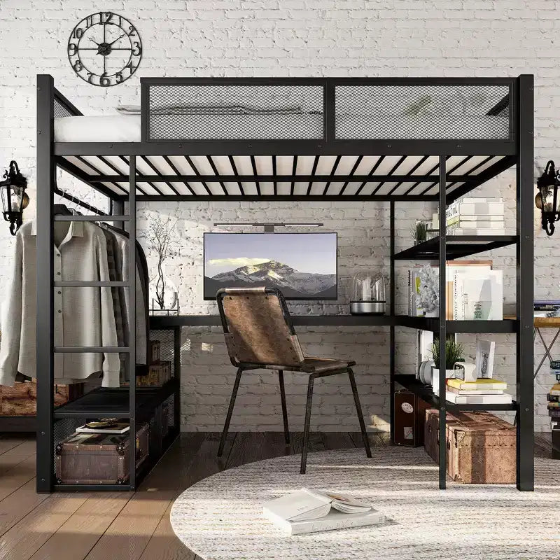 Bellemave Queen Metal Loft Bed with Desk, Storage Shelves & Hanging Rod, Space-Saving Loft Bed Frame with Guardrails & Ladder, No Box Spring, Black