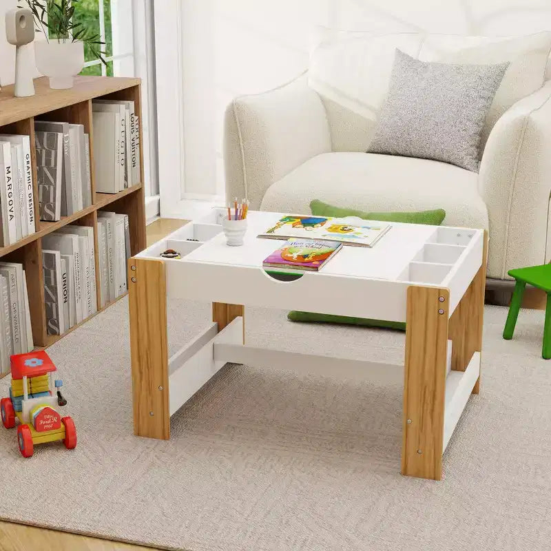 Kids 2-in-1 Activity Play Table with 7 Storage Compartments - LEGO Compatible Building Block & Whiteboard Table, White & Green