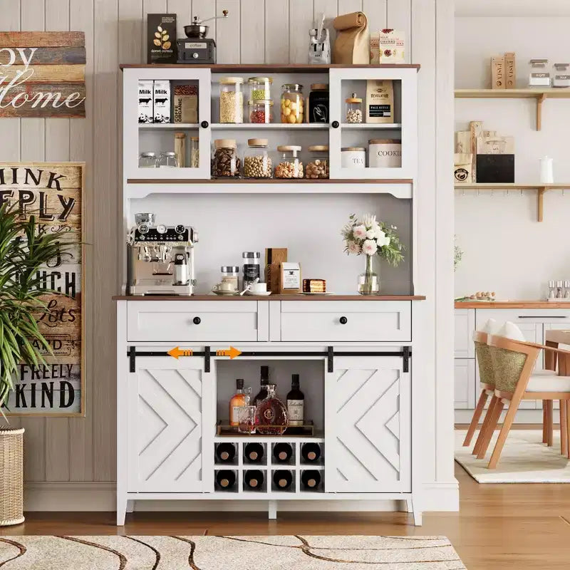 72 Farmhouse Bar Cabinet with Sliding Barn Door  Large Kitchen Buffet with Hutch, Charging Station, 2 Drawers & 8 Storage Shelves  Coffee