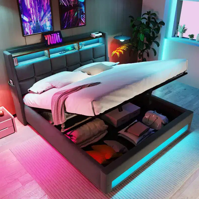 Queen Bed with Hydraulic Storage, LED, USB, Upholstered Headboard, No Box Spring, Easy Assembly
