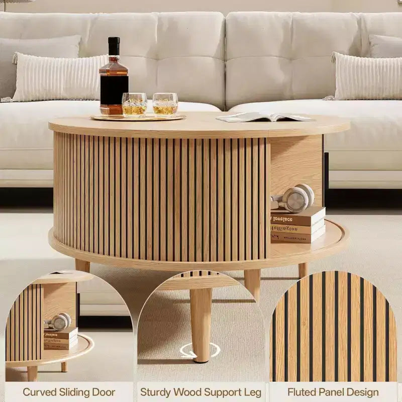 Table Basse Ronde avec Rangement NAYSAYE, Table Centrale Cannelée de 80 cm pour Salon, Table d'Appoint Circulaire Moderne en Noyer pour Petit Espace