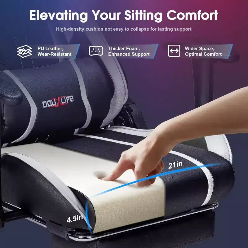 Douxlife Modern 7-Point Massage Ergonomic Gaming Chair with Footrest & Adjustable Armrests Black White