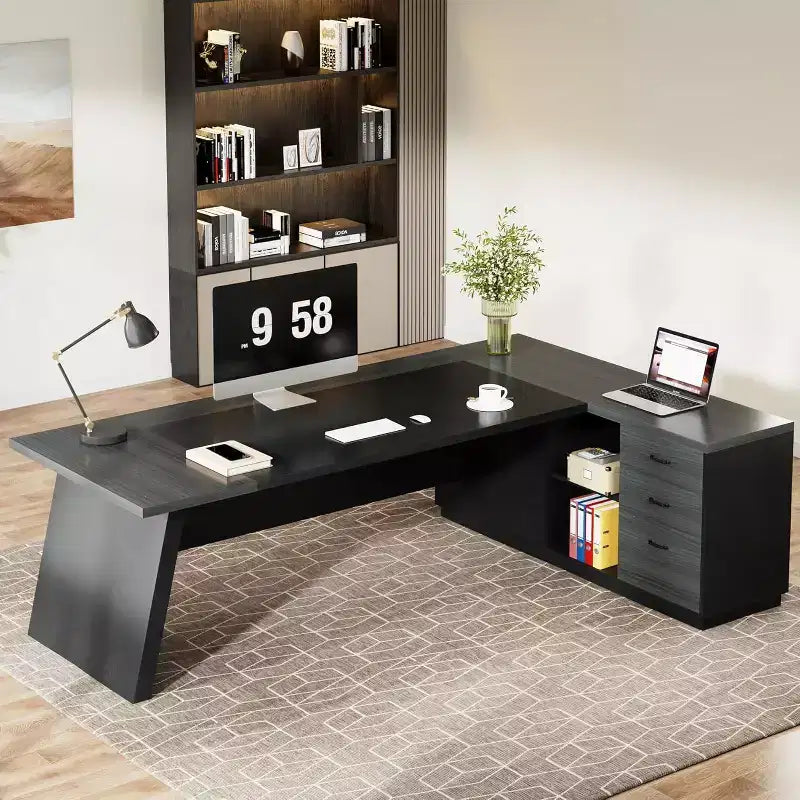 Lantine Modern 78 L-Shaped Executive Desk with Drawers and Lateral File Cabinet
