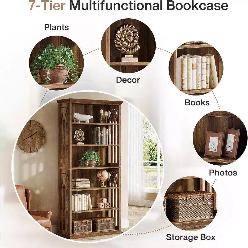 6-Tier Wood Bookshelf, 75-Inch Tall Bookcase, Large Freestanding Display Shelves