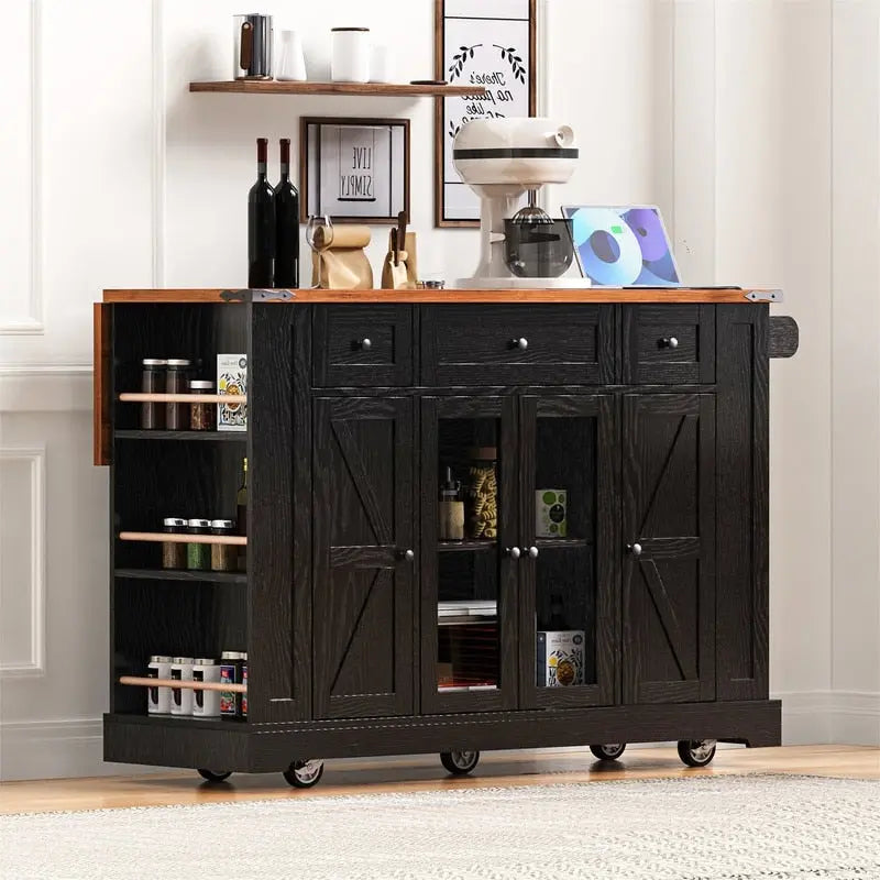 Îlot de cuisine avec rabat, 3 tiroirs et 5 étagères latérales ouvertes, desserte de cuisine roulante avec 2 portes d'armoire en verre trempé et prise de courant