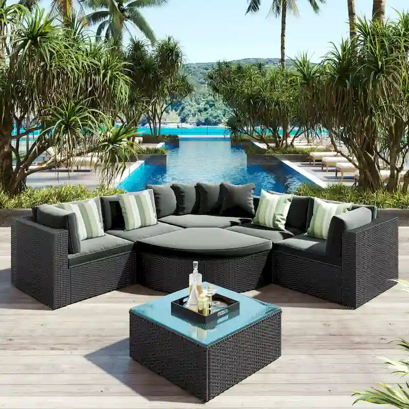 Ensemble de canapé d'extérieur moderne en osier 7 pièces avec table basse, coussins et oreillers rayés, idéal pour le patio, le jardin, la terrasse