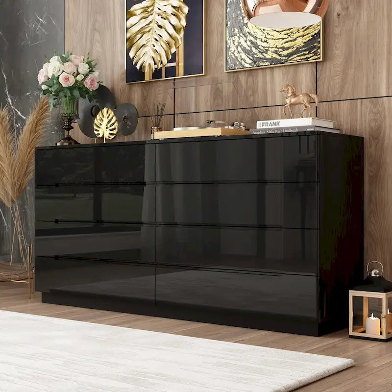 63 High Gloss Dresser With Light Chest w/8 Drawers&Spacious Tabletop
