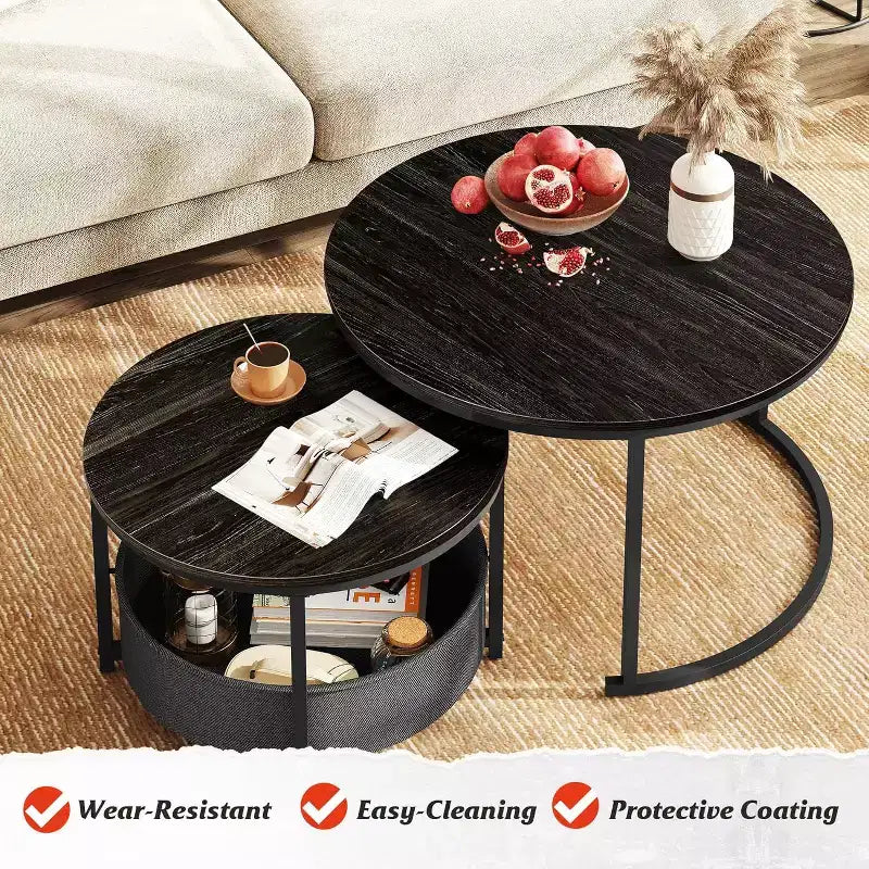 GALAXHERO Set of 2 Nesting Round Coffee Tables - 31.5 Center Tables with Storage & Metal Frame for Living Room/Apartment