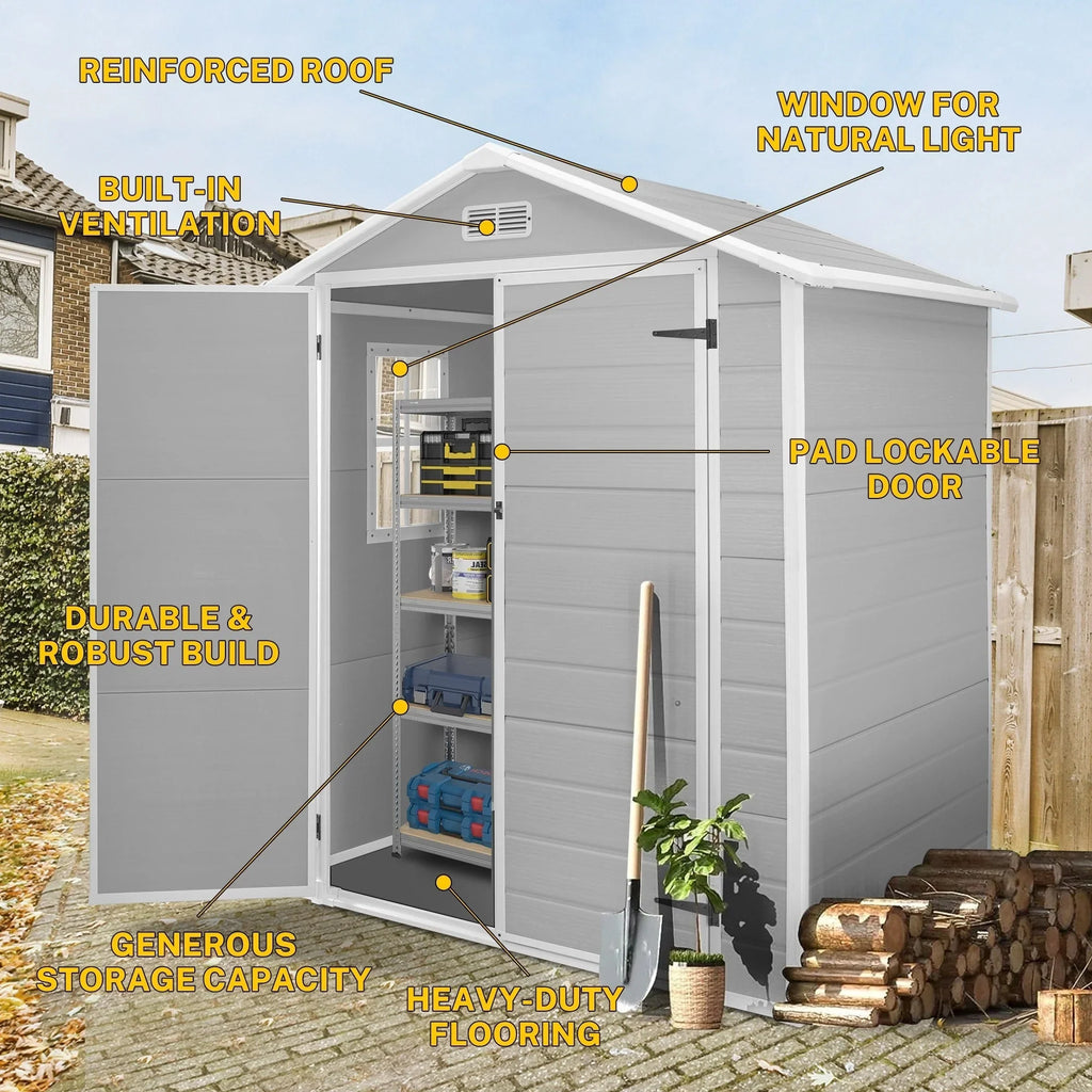 6 ft x 4 ft/6 ft x 8 ft/8 ft x 6 ft/8 ft x 10 ft All-Weather Resin Outdoor Plastic Storage Shed w/Floor, Spire Tool Shed
