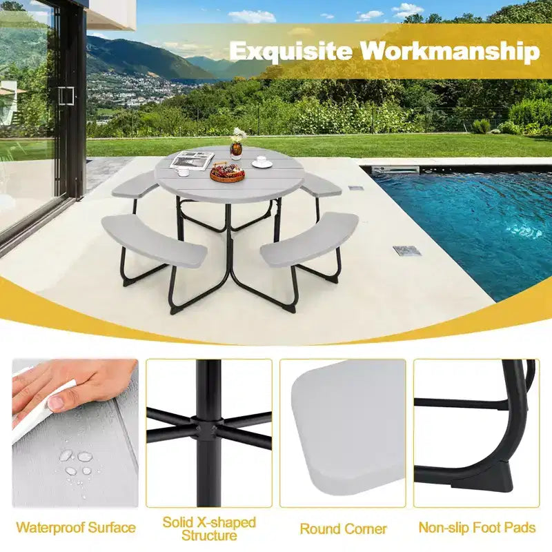Costway Outdoor 8-person Round Picnic Table Bench Set with 4 Benches & Umbrella Hole Black/Grey/Green/White