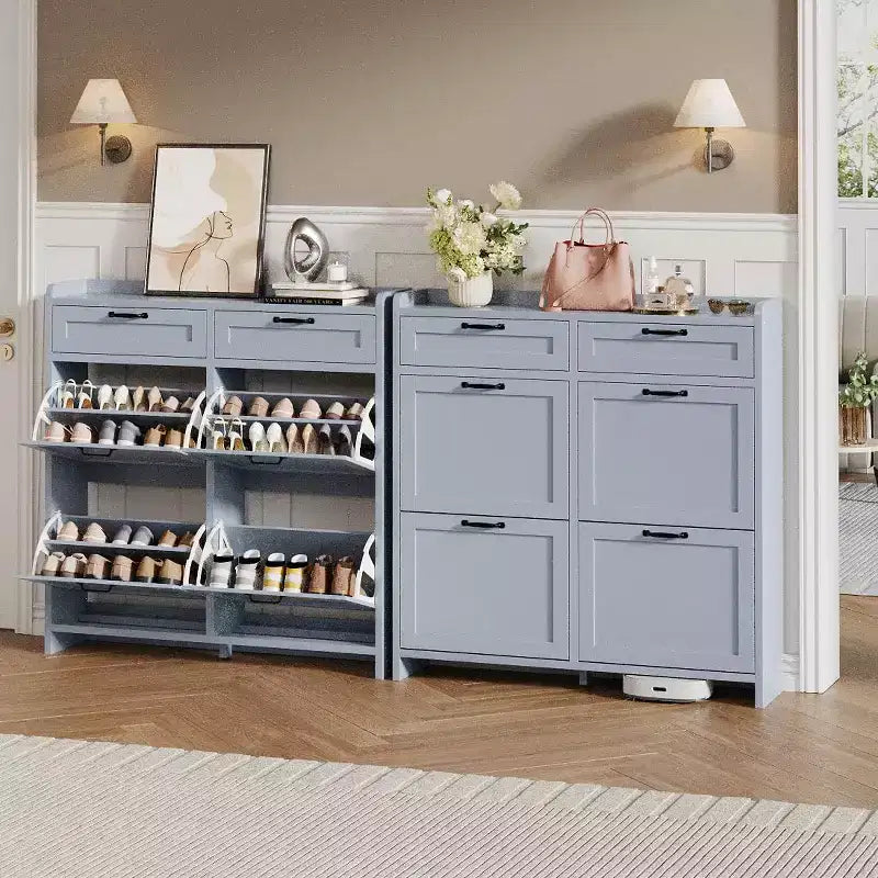 Shoe Cabinet with 4 Flip Drawers & 2 Top Drawers, Wooden Shoe Organizer Cabinet with Adjustable Shelf, Freestanding Shoe Storage Cabinets