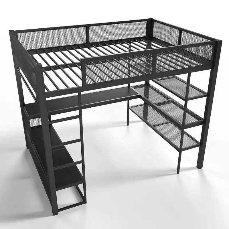 Bellemave Queen Metal Loft Bed with Desk, Storage Shelves & Hanging Rod, Space-Saving Loft Bed Frame with Guardrails & Ladder, No Box Spring, Black