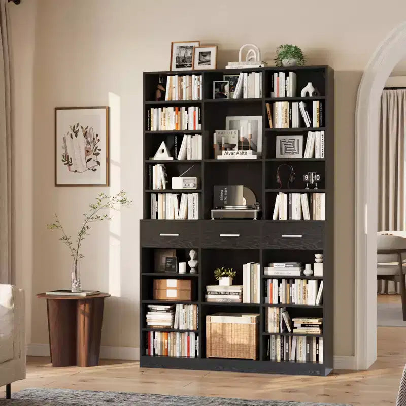 Black/White 9-Tier Bookcase with 3 Drawers, Adjustable Shelves