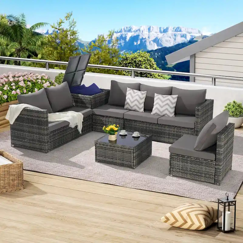 6-Piece Wicker Sectional Sofa Set with Corner & Glass Table