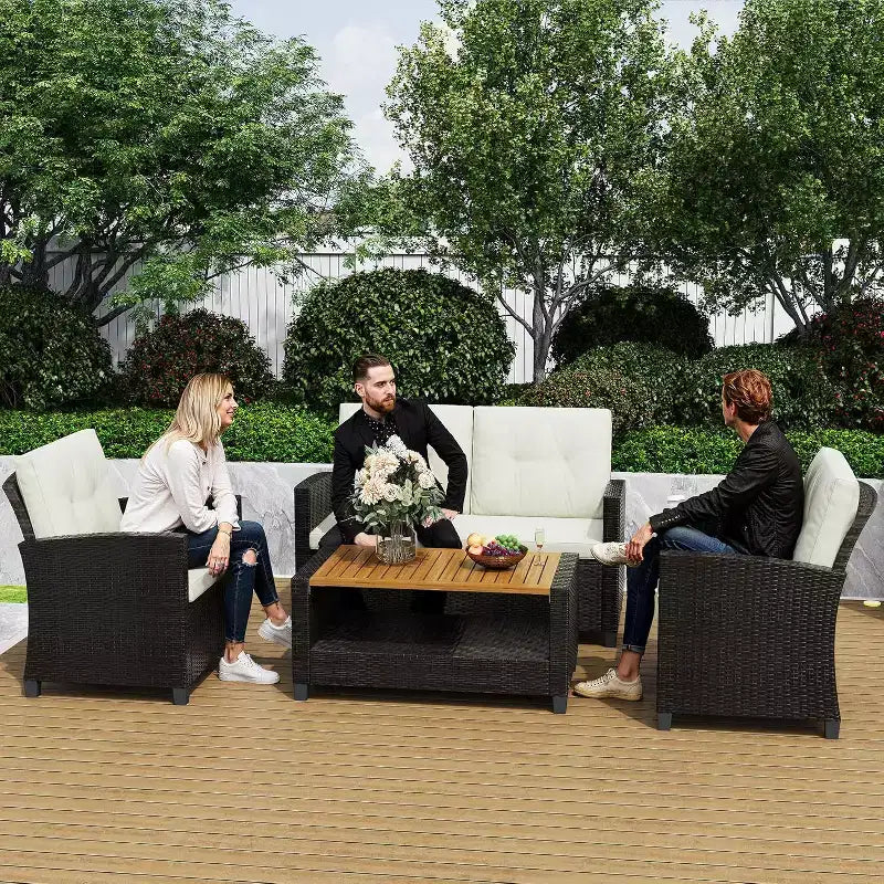 Heynemo 4-Piece Patio Furniture Set, All Weather Wicker Patio Conversation Seating Sets with 2-Tier Coffee Table, Outdoor Sofa Couch