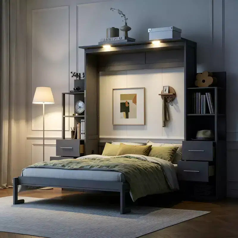 Luxystar Queen Murphy Bed with Storage Shelves, 4 Drawers and Lights