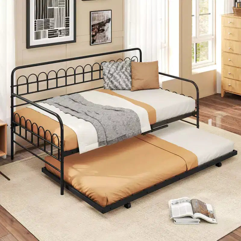 Costway Twin Daybed with Trundle Curved Backrest & Armrests Heavy-duty Metal Slats Black/Gold