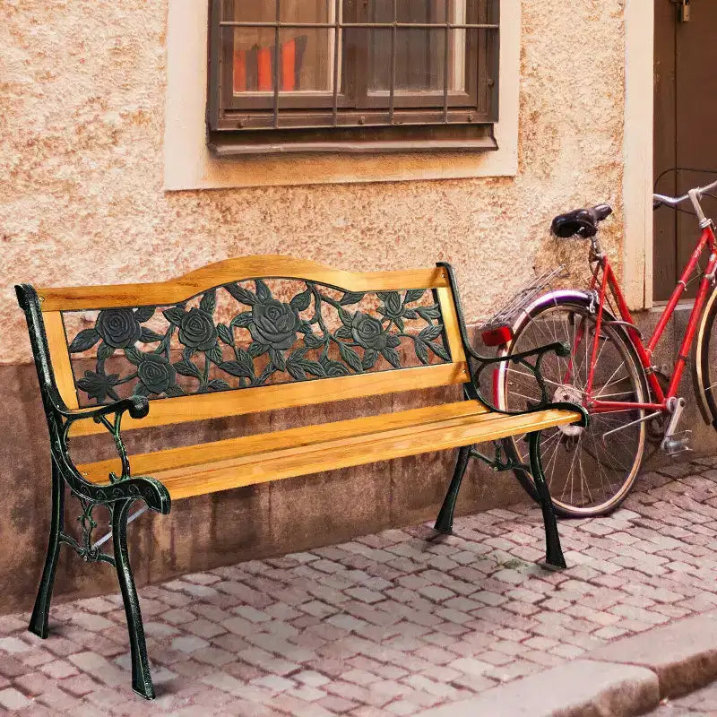 Costway Patio Park Garden Metal Bench Porch Path Chair Furniture Cast Iron Hardwood