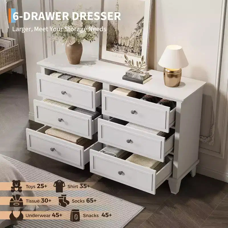 Dresser for Bedroom, 6 Drawer Wide Dresser Storage Organizer, Modern Wooden Chest of Drawers with Metal Handles for Hallway, Entryway, Home Office