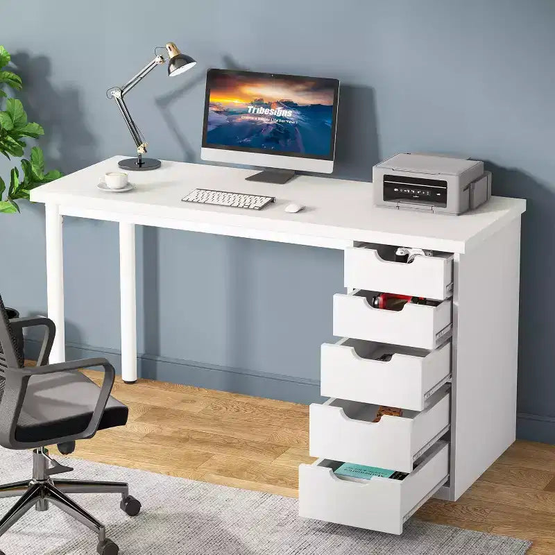 Lantine Computer Desk with 5 Drawers, 47 inches Modern Simple Home Office Desk Study Writing Table for Small Spaces