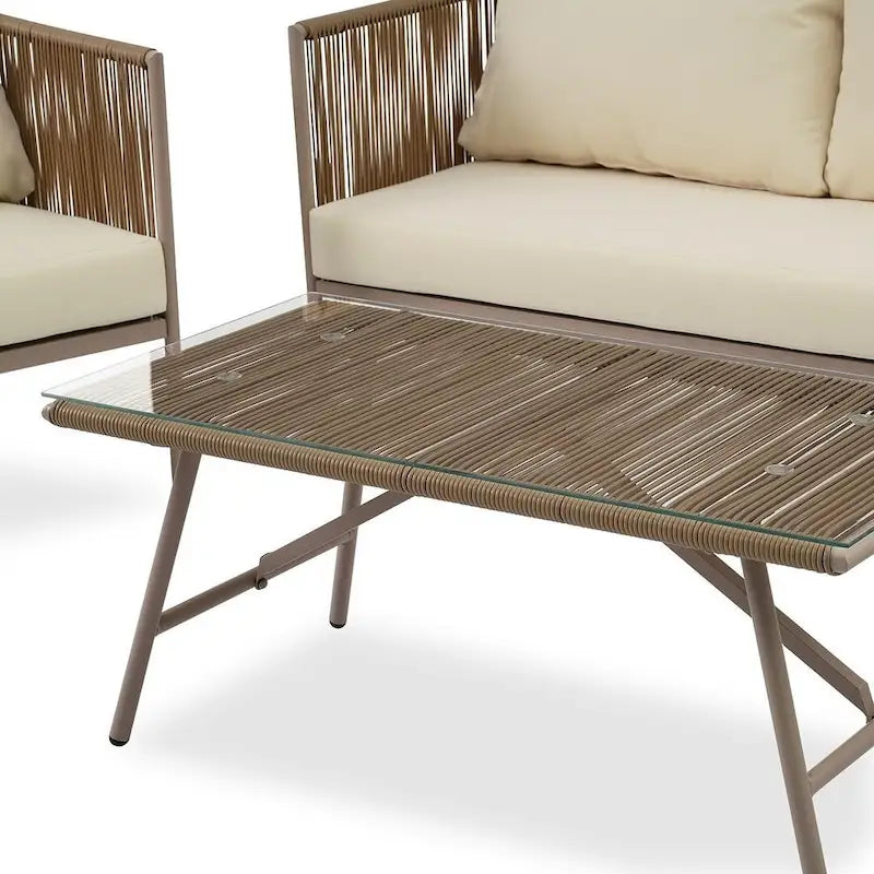 4 PCS Outdoor Rope Patio Set for 4 with Cushions and Glass Table
