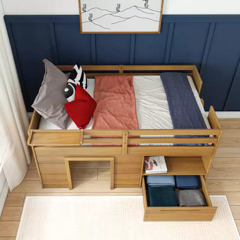 Max & Lily Modern Farmhouse Low Loft Bed with Storage Drawer, Solid Wood Bed for Kids