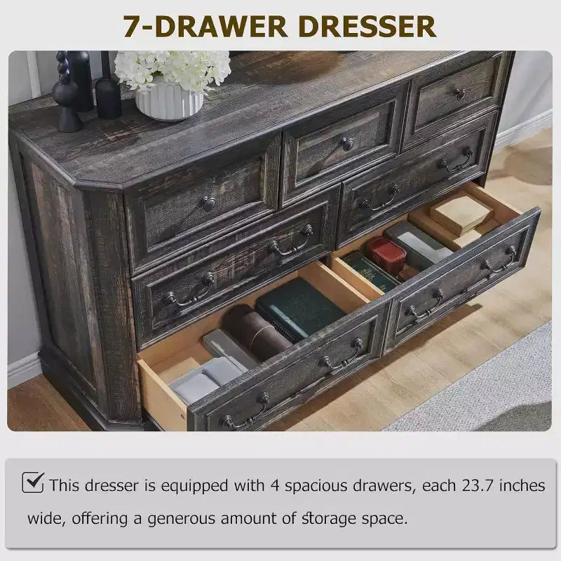 54 7-Drawer Dresser for Bedroom, Vintage Rustic Wide Chest of Drawers for Living Room & Hallway