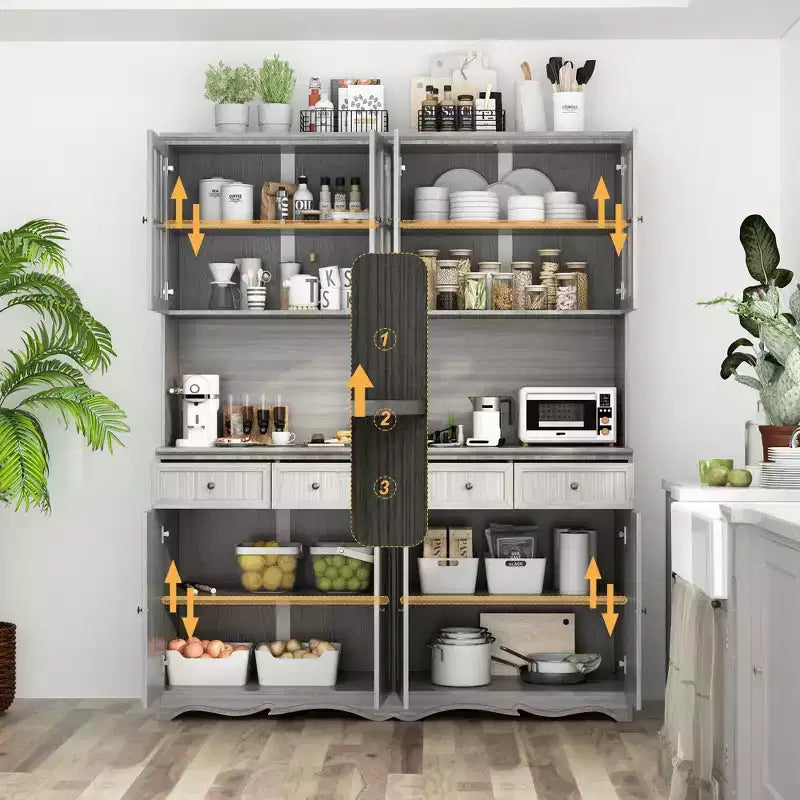 Famapy 61.2W Gray Storage Cabinet Buffet Hutch Kitchen Pantry Cabinet with Ornate Base Trim: Blend of Elegance and Utility