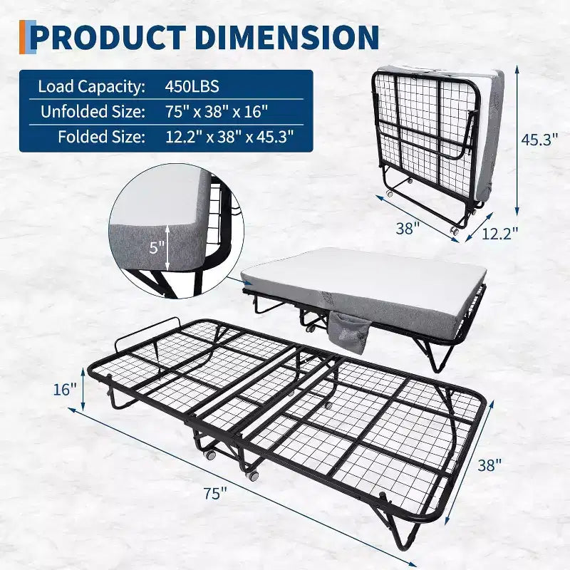 Lit pliant avec matelas pour adultes, lits d'appoint portables, lit pliant avec cadre en métal, matelas en mousse à mémoire de forme 5 et poche de rangement latérale