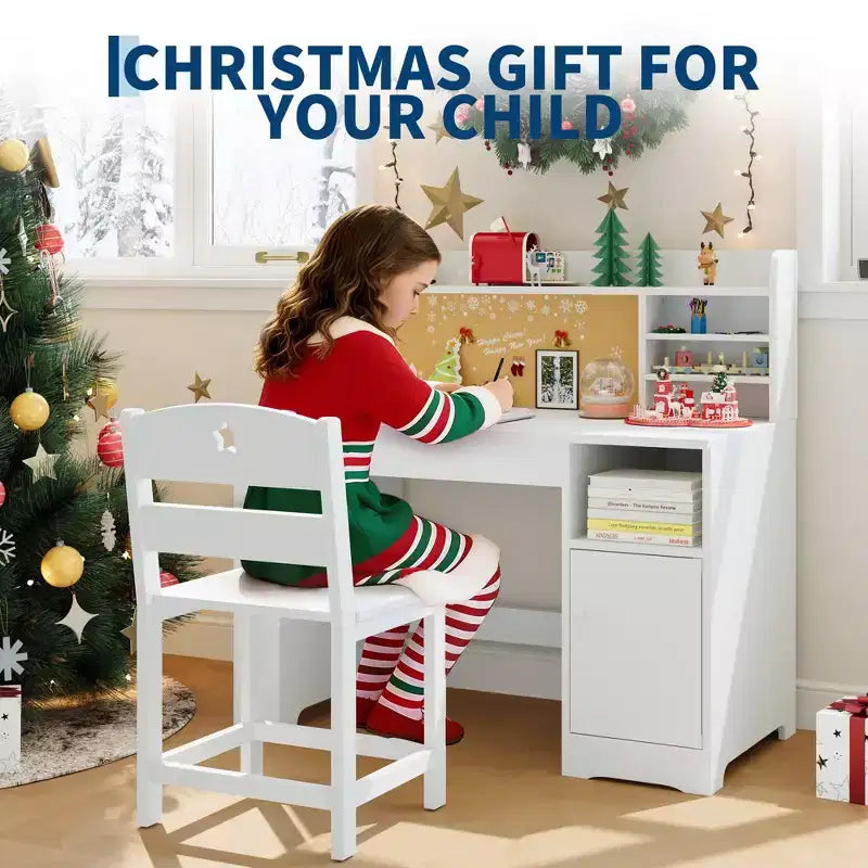 Kids Study Desk & Chair Set with Storage, Kids Study Desk with Hutch and Tiltable, for 3-8 Years Old, Student Writing Table for Bedroom