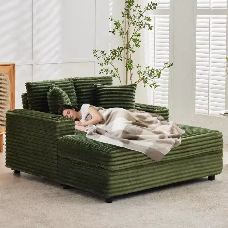 Corduroy 3-Seat Lounge Sofa with Cup Holders & Charging Ports