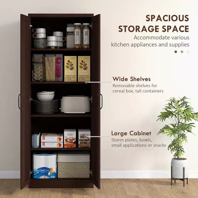 63 2-Door Kitchen Pantry, Freestanding Storage Cabinet with 5-tier Shelving and 2 Adjustable Shelves for Dining Room