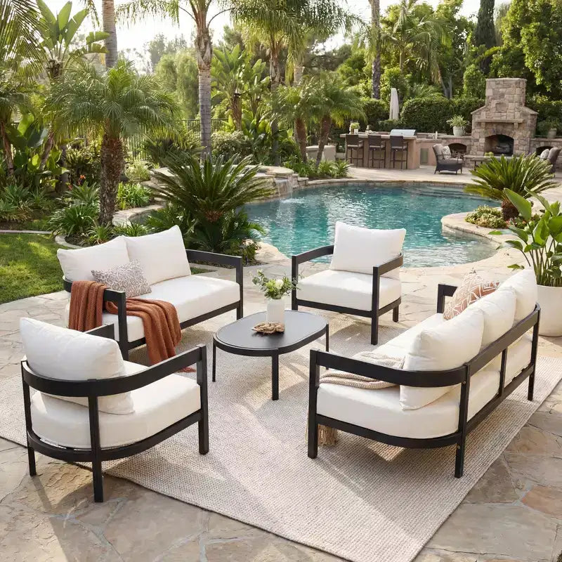 Christopher Knight Home Althea, ensemble de conversation moderne incurvé de 5 pièces en aluminium pour l'extérieur avec table basse en verre
