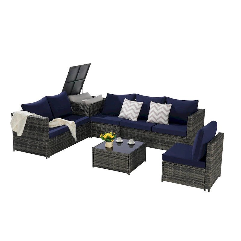 6-Piece Wicker Sectional Sofa Set with Corner & Glass Table